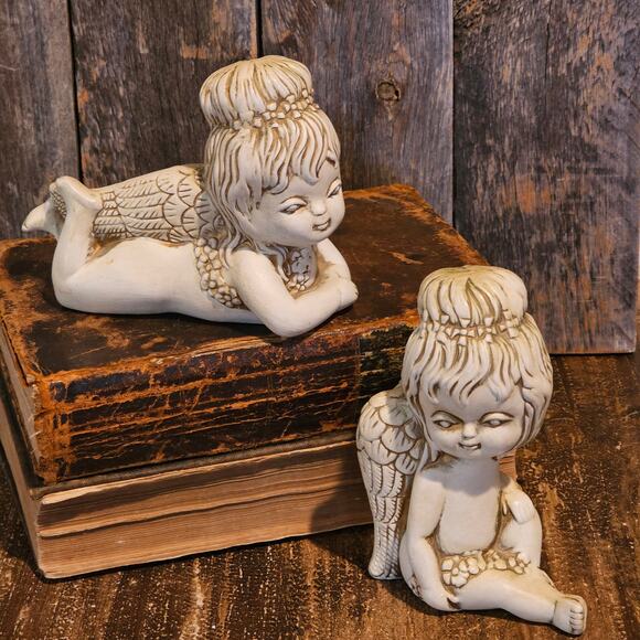 Vintage White and Gold Porcelain Angel Figurines - Cherub Decor Accents - Set/2 - Picture 5 of 10